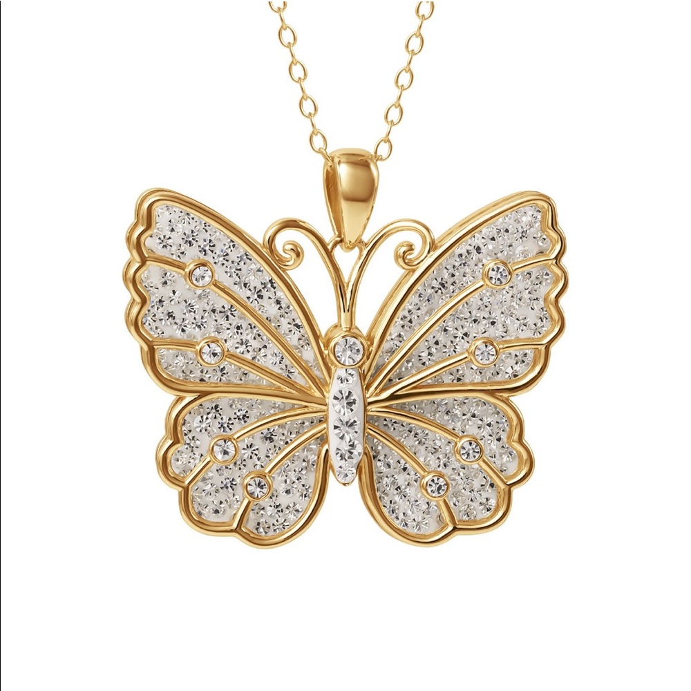 Crystal sterling silver gold tone butterfly necklace